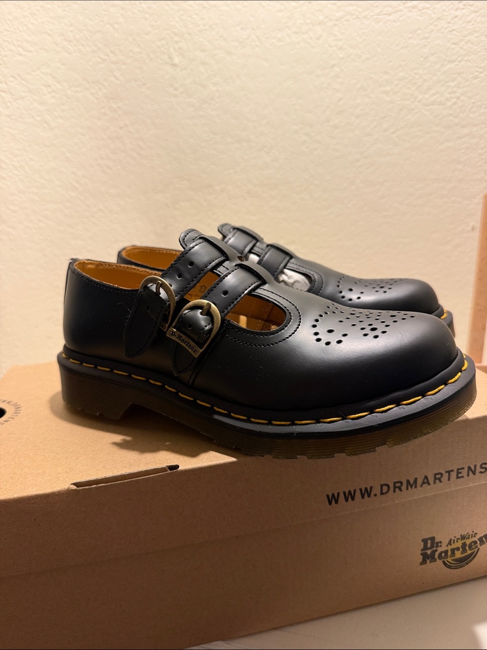 Dr. Martens Black Double-Buckle Mary Jane Shoes with Yellow Stitching - Picture 5 of 6